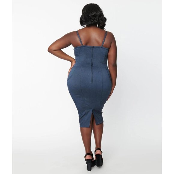 Unique Vintage Plus Size Dark Denim Corset Ellison Wiggle Dress 1X/16 - Picture 2 of 13